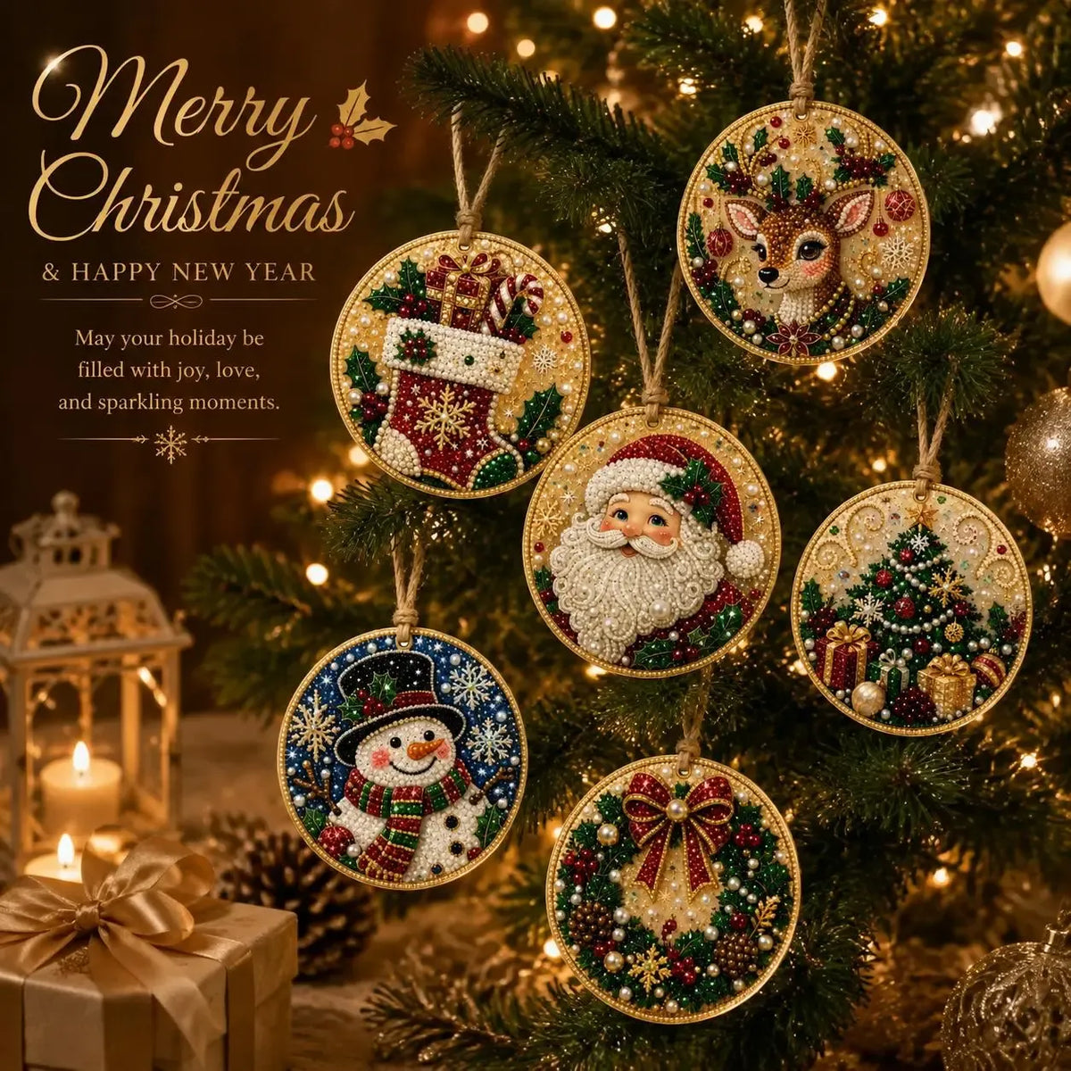6Pcs/12Pcs Christmas DIY Diamond Painting Ornaments Kit, Xmas Tree Hanging Pendant