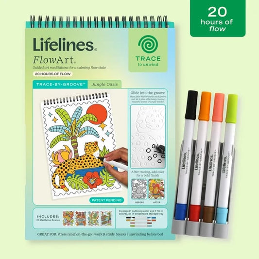 Trace-By-Groove Jungle Oasis Guided Flow Art Coloring Pad with Double-Sided Markers