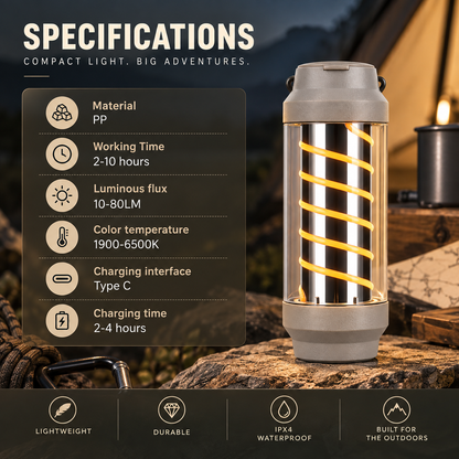 4-in-1 Camping Lantern & LED Flashlight 4 Light Modes, IPX4 Waterproof, USB Rechargeable, Pocket-Size Spiral Design