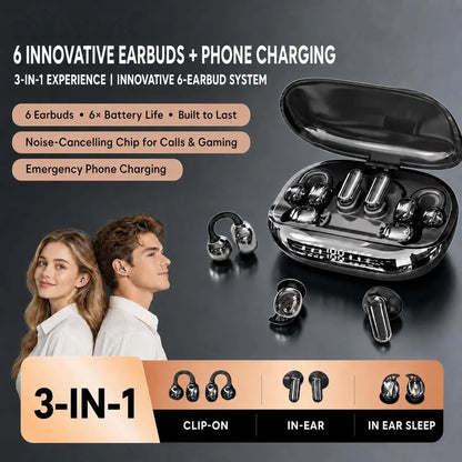 GT699S Bluetooth Wireless Earbuds with Chargeable Power Bank Case, 6 Earbuds, Clip-On Design, Noise Cancellation