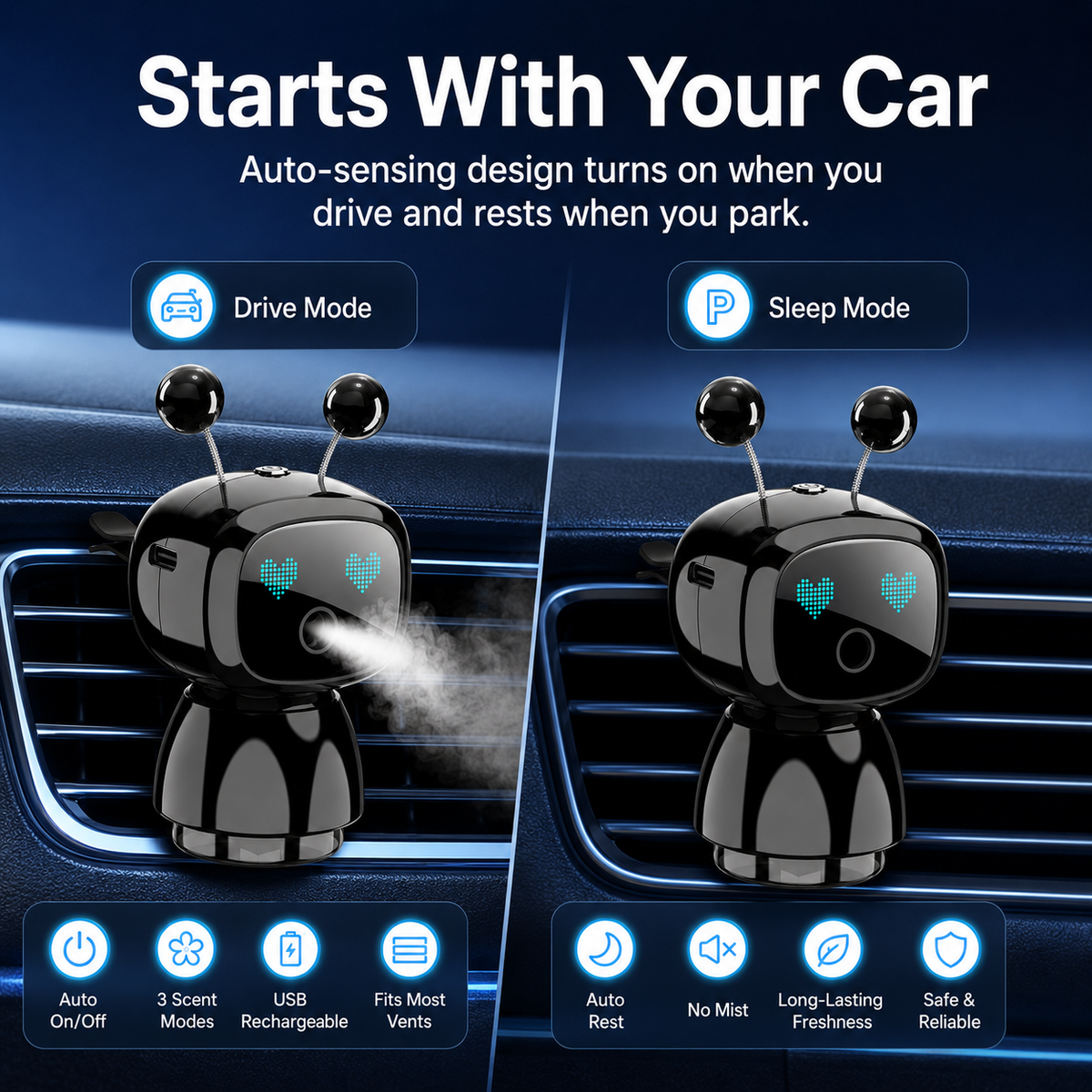 Cute Robot Car Diffuser Auto-Sensing Mist & LED Vent Freshener