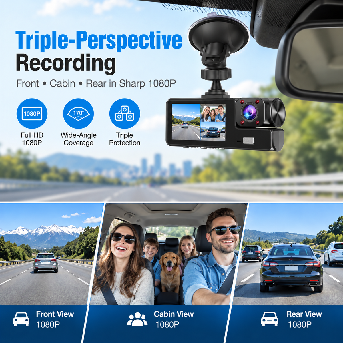 Upgraded 360 Protection Dash Cam: Triple-Lens 1080P Front Cabin Rear Never Drive Blind Again!