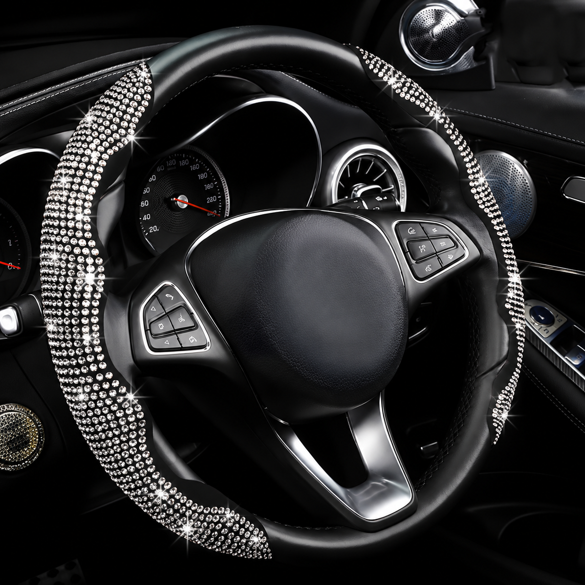Sparkly Crystal Carbon Fiber Steering Wheel Protection Set