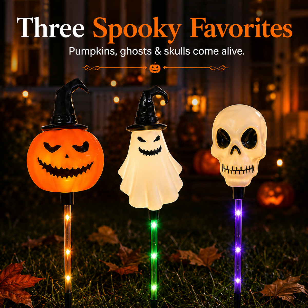 Solar Halloween Pathway Stake Lights with Pumpkins, Ghosts & Skulls