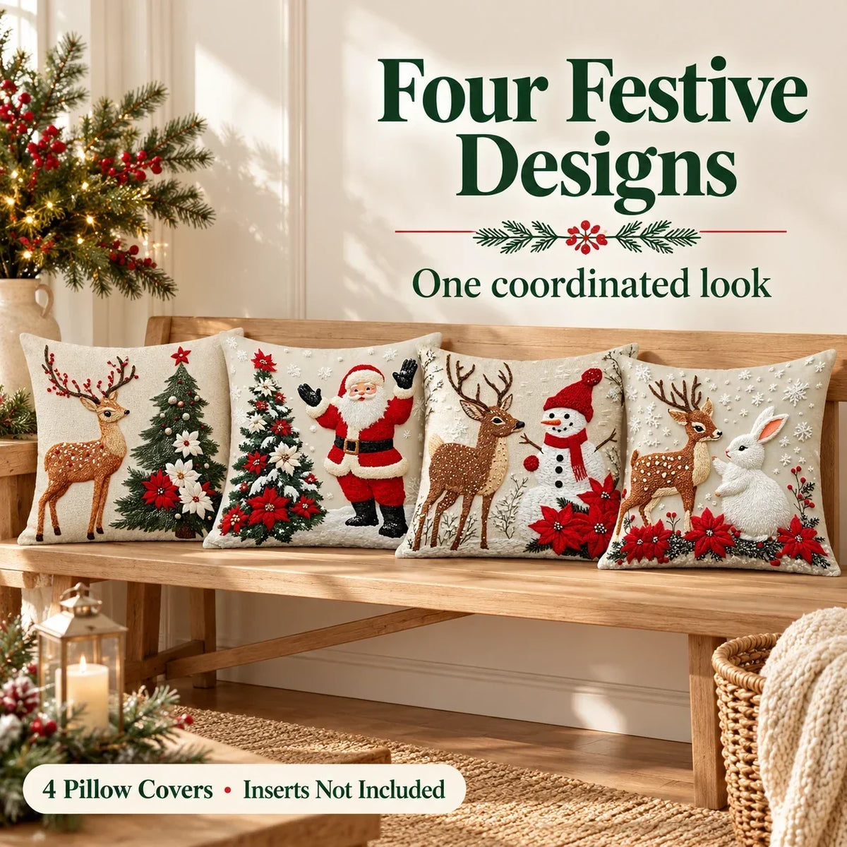 🎄 Christmas Pillow Covers 4-Piece Set — Festive Sofa Makeover