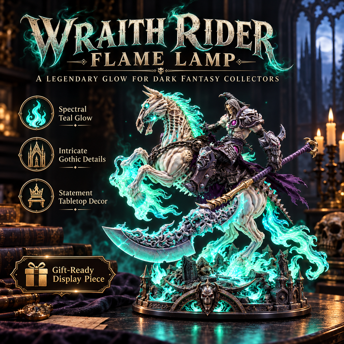 Wraith Rider Soulfire Horseman Lamp Gothic Undead Knight Collector Light