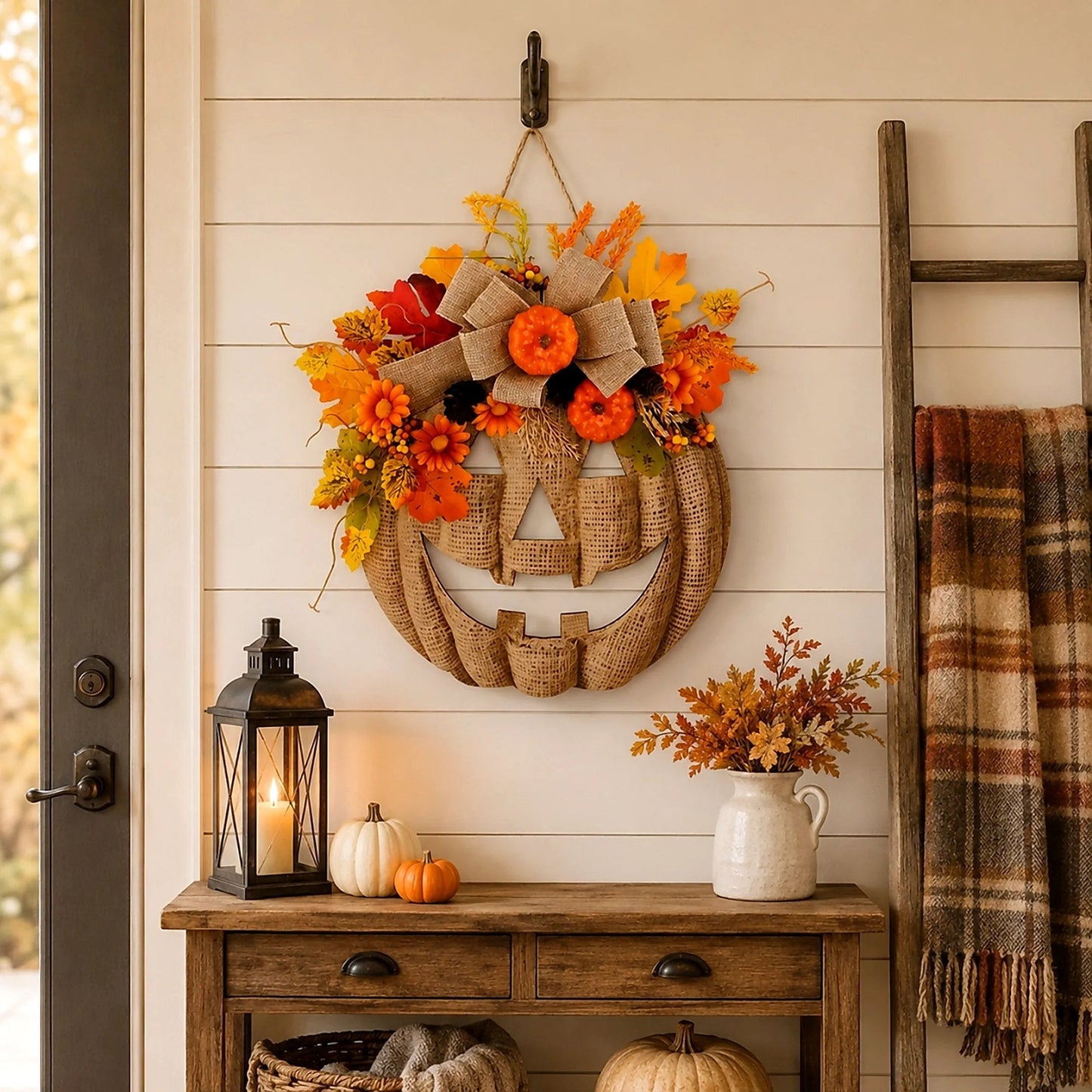 Lighted Burlap Pumpkin Wreath