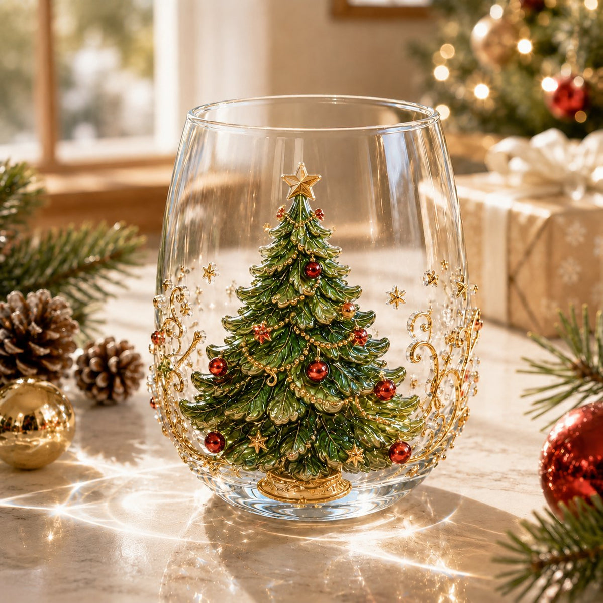 3D Christmas Glass Art Cup | Luxury Raised Holiday Glassware for Drinks, Decor & Christmas Gifts