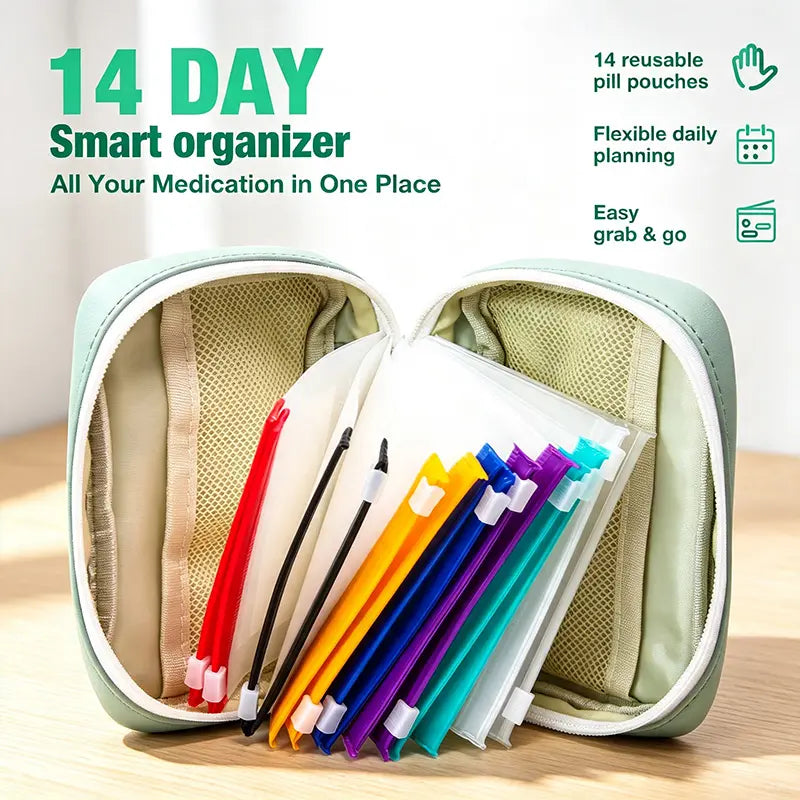 Waterproof A8 Pill Pouch Set, 14 Reusable Zippered Pill Bags