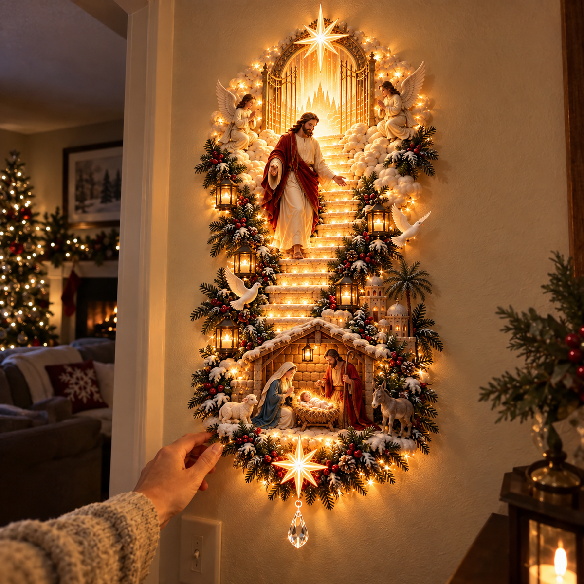 Jesus Light of Heaven Christmas Wall Hanging | Illuminated Nativity Stairway Decor