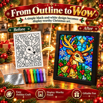 Beginner-Friendly Christmas Stained Glass-Style Frame Kit | 8 Festive Designs with Pens, Foil & Frame