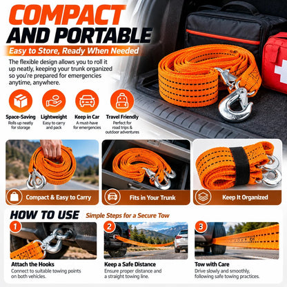 Heavy-Duty Tow Strap with Metal Hooks Thickened High-Strength Vehicle Towing Rope