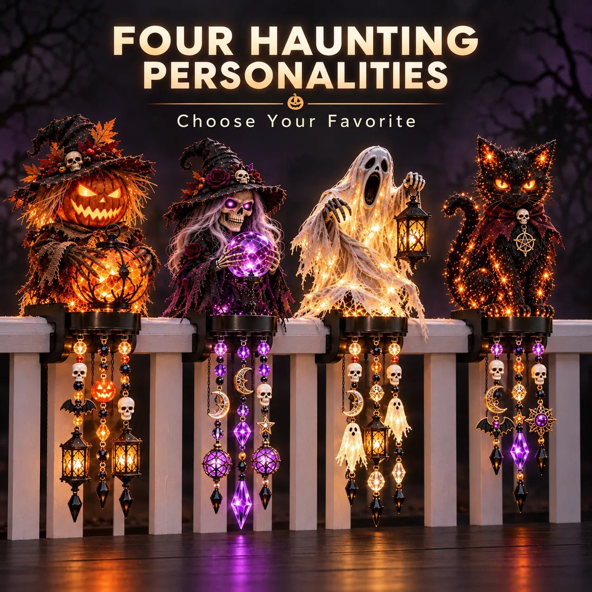 Halloween Character Glow Cascade Railing Lights Pumpkin, Witch, Ghost & Black Cat