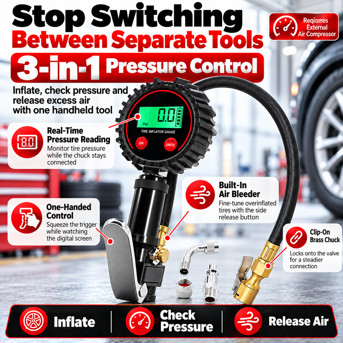 200 PSI Digital Tire Inflator Gauge 3-in-1 Air Chuck, Pressure Gauge & Bleeder