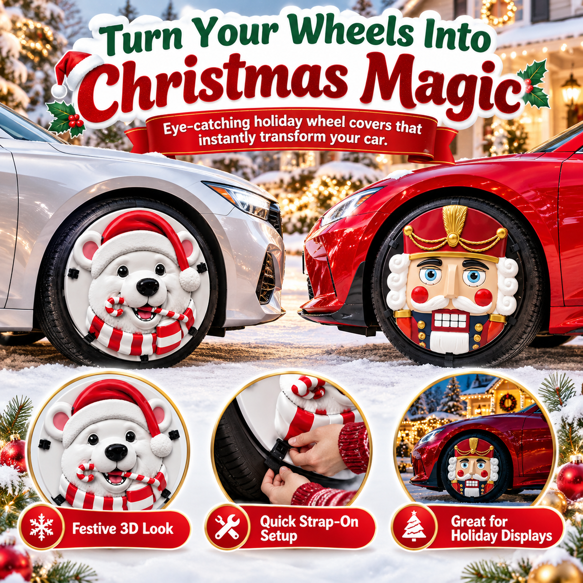 Christmas 3D Wheel Covers Festive Polar Bear & Nutcracker Car Decor