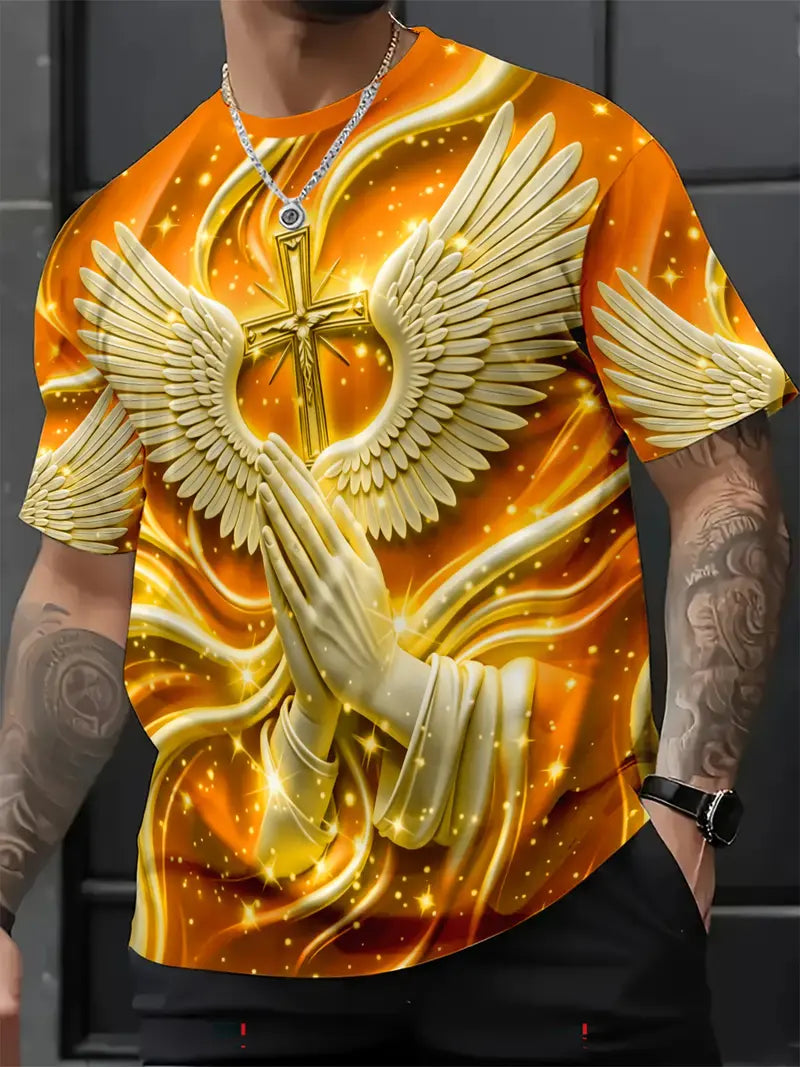 Men's Religious Angel Wings Cross 3D T-Shirt | Faith-Inspired Short Sleeve Summer Tee