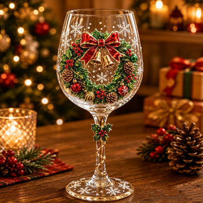 Christmas 3D Embossed Wine Glass Set, Premium Holiday Collection Ready to Gift Box