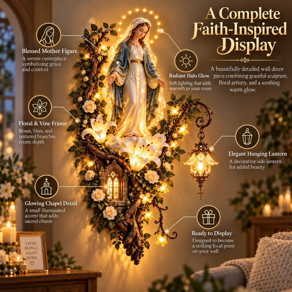Blessed Mother Lighted Wall D cor | Virgin Mary 3D Religious Wall Art with Warm Ambient Glow