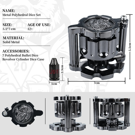 7PCS Metal Revolver Dice Set - Bullet-Design Polyhedral Game Pieces with Industrial Look