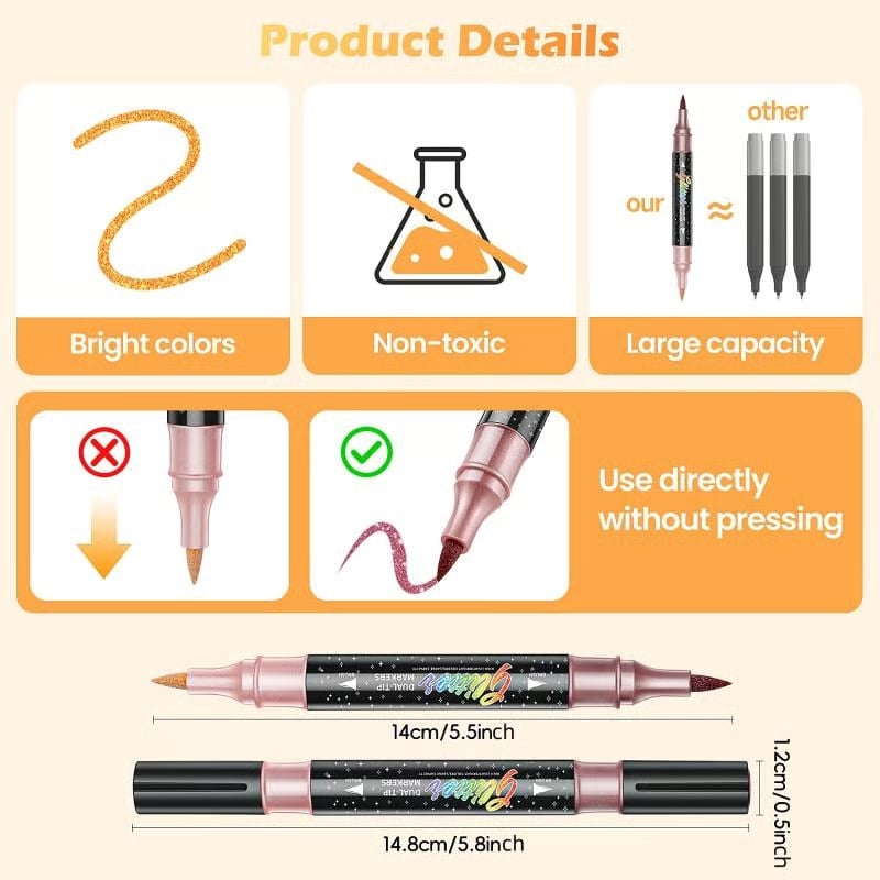 Glitter Effect Brush Markers: Create Sparkling Art Smoothly ( 24-96 Colors | Smooth No Clog | No Bleed Through )