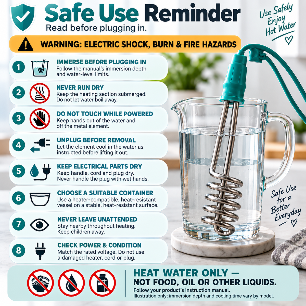 Portable Immersion Water Heater Compact Plug-In Design for Small Spaces