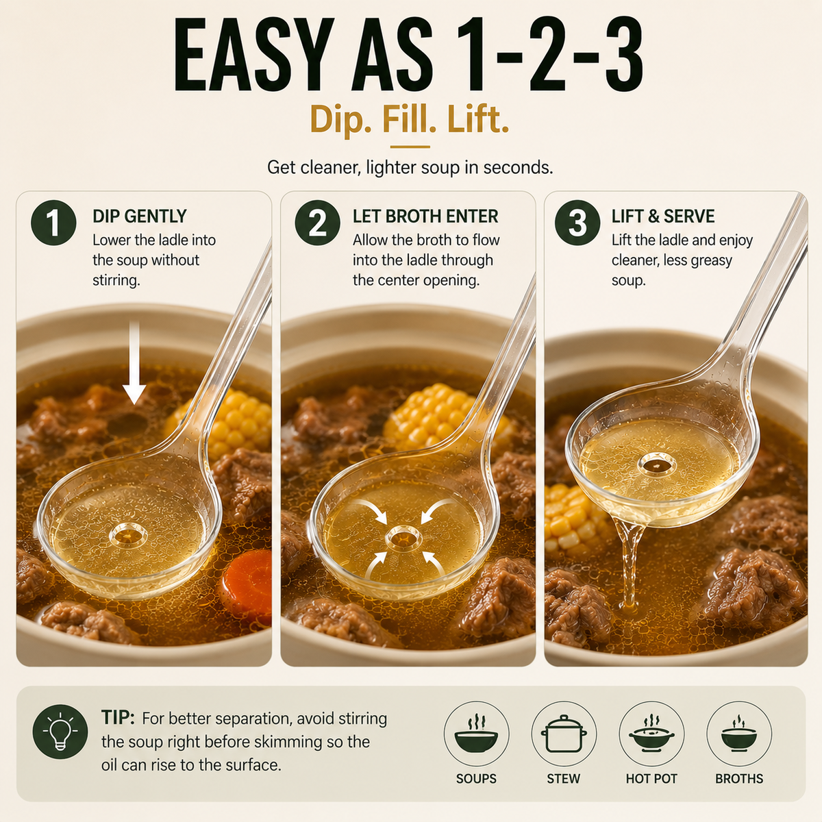 Fat Skimmer Ladle | Clear Oil Separator Spoon for Soup, Broth & Stew