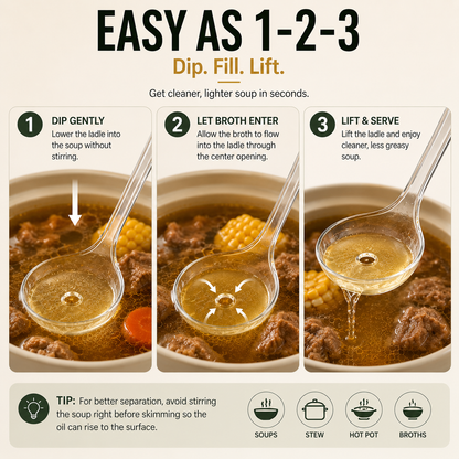 Fat Skimmer Ladle | Clear Oil Separator Spoon for Soup, Broth & Stew