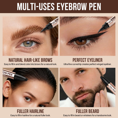6D Hair-Like Finish Multi-Use Unisex 2-in-1 Brows & Beard Pen, Waterproof Wear, Smudge-Proof