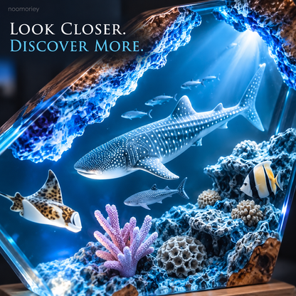 Ocean Scene Night Light Whale Shark Display with Wood-Grain Base