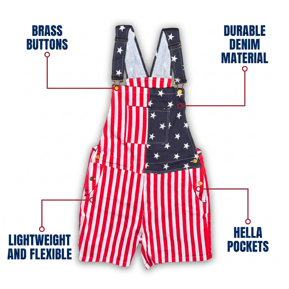Men's and Women's American Flag Denim Overalls Stretch Shorts, Patriotic