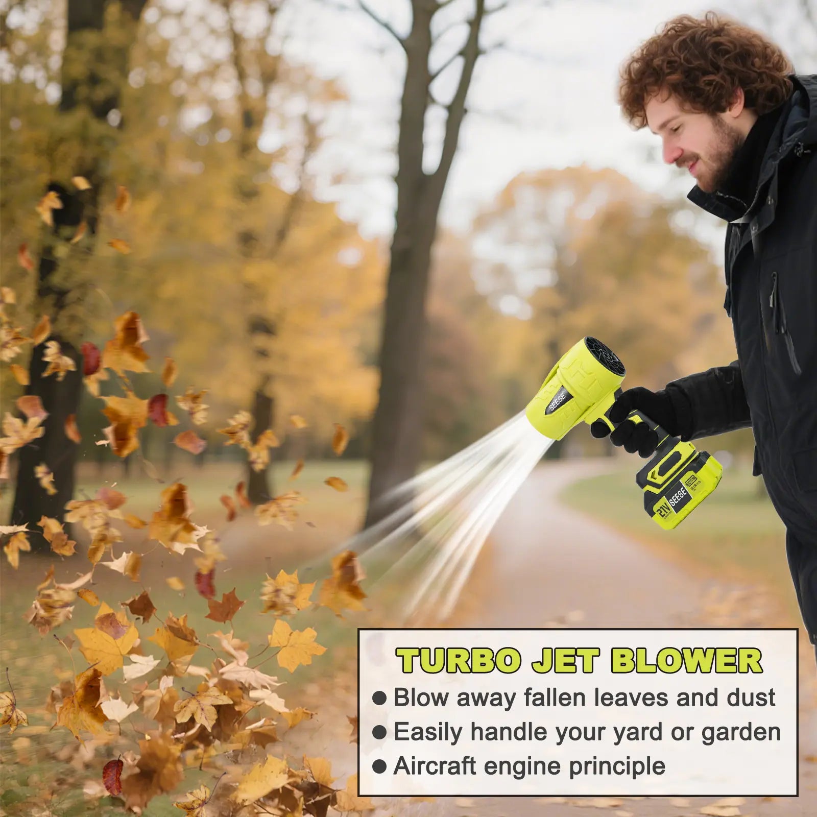 Cordless turbo jet blower with battery and accessories