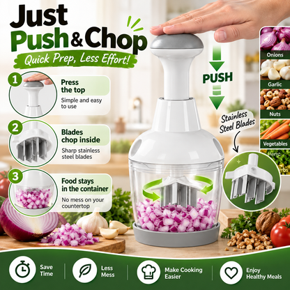 Manual Press Food Chopper – Stainless Steel Vegetable, Garlic, Herb & Nut Cutter