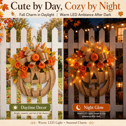Lighted Burlap Pumpkin Wreath