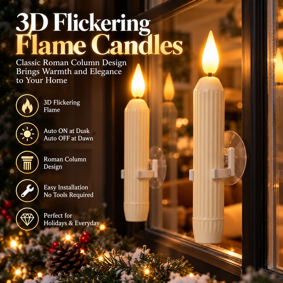 3D Flickering Flameless Window Candle Lights for Cozy Holiday Decor