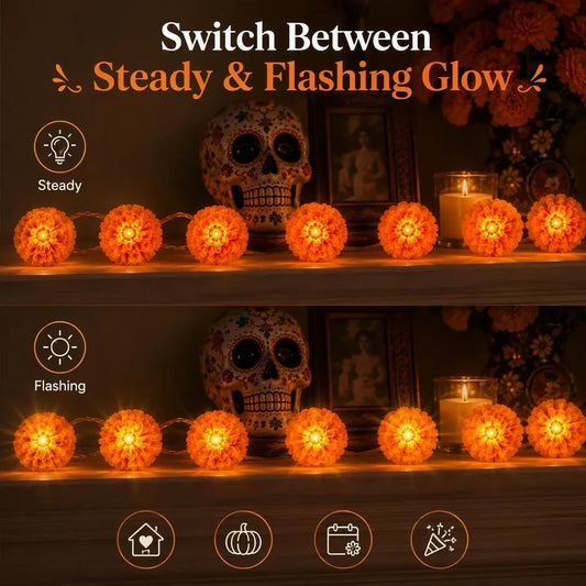 Marigold LED Memorial String Lights 20 Glowing Flowers for Ofrendas & Remembrance