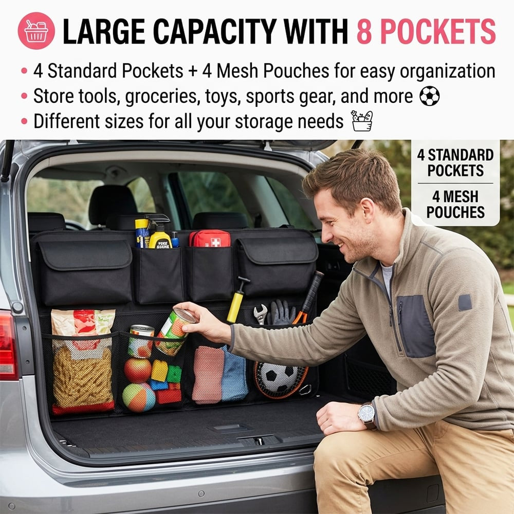 Car Trunk Organizer Hanging Storage with 8 Pockets for SUVs & Trucks