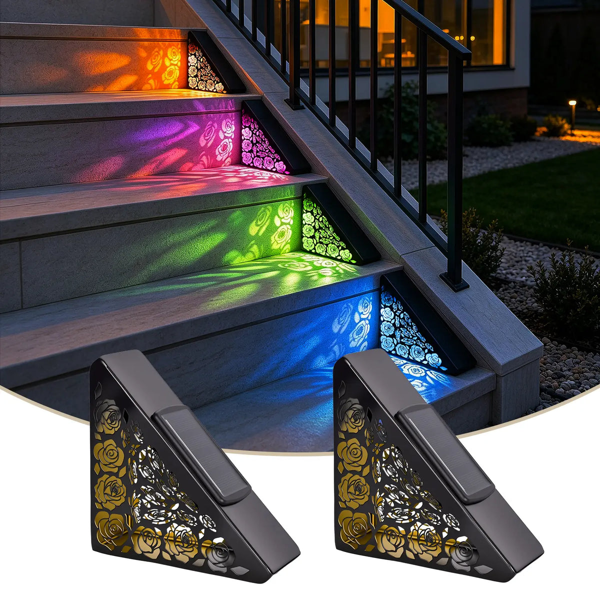 Solar outdoor step lights, IP65 waterproof LED deck/stair lights, color-changing gradient lighting