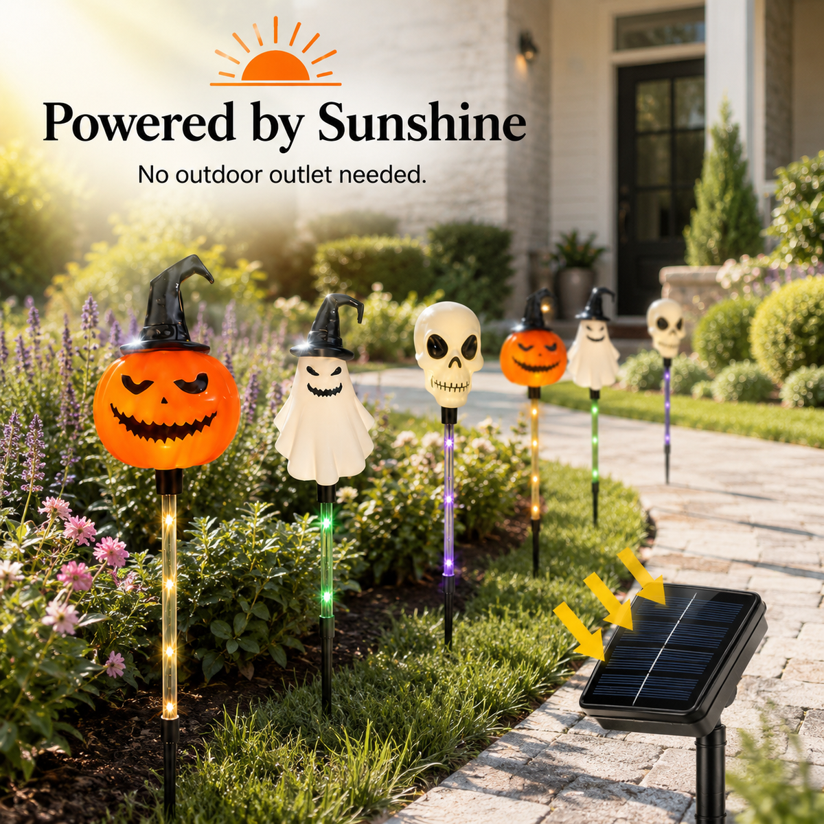 Solar Halloween Pathway Stake Lights with Pumpkins, Ghosts & Skulls