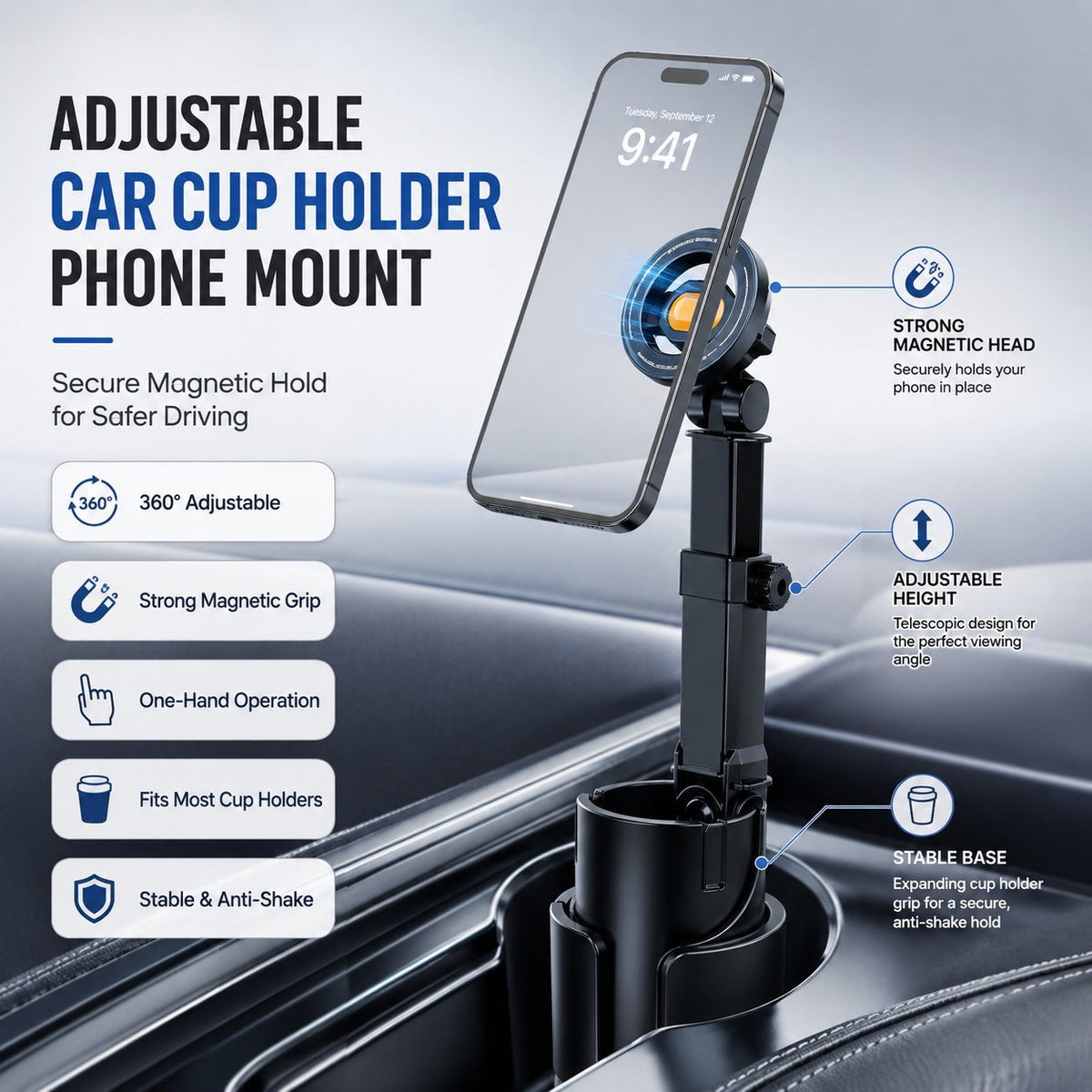 Car Cup Holder Phone Mount 360 Adjustable, Strong N52 Magnet, One-Handed Operation, Fits All Phones