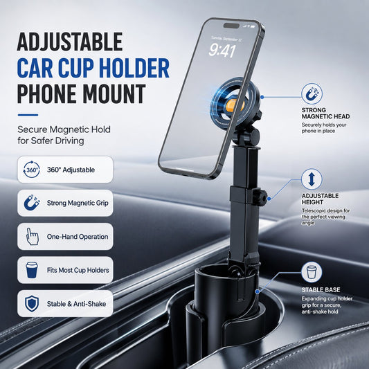 Car Cup Holder Phone Mount 360 Adjustable, Strong N52 Magnet, One-Handed Operation, Fits All Phones