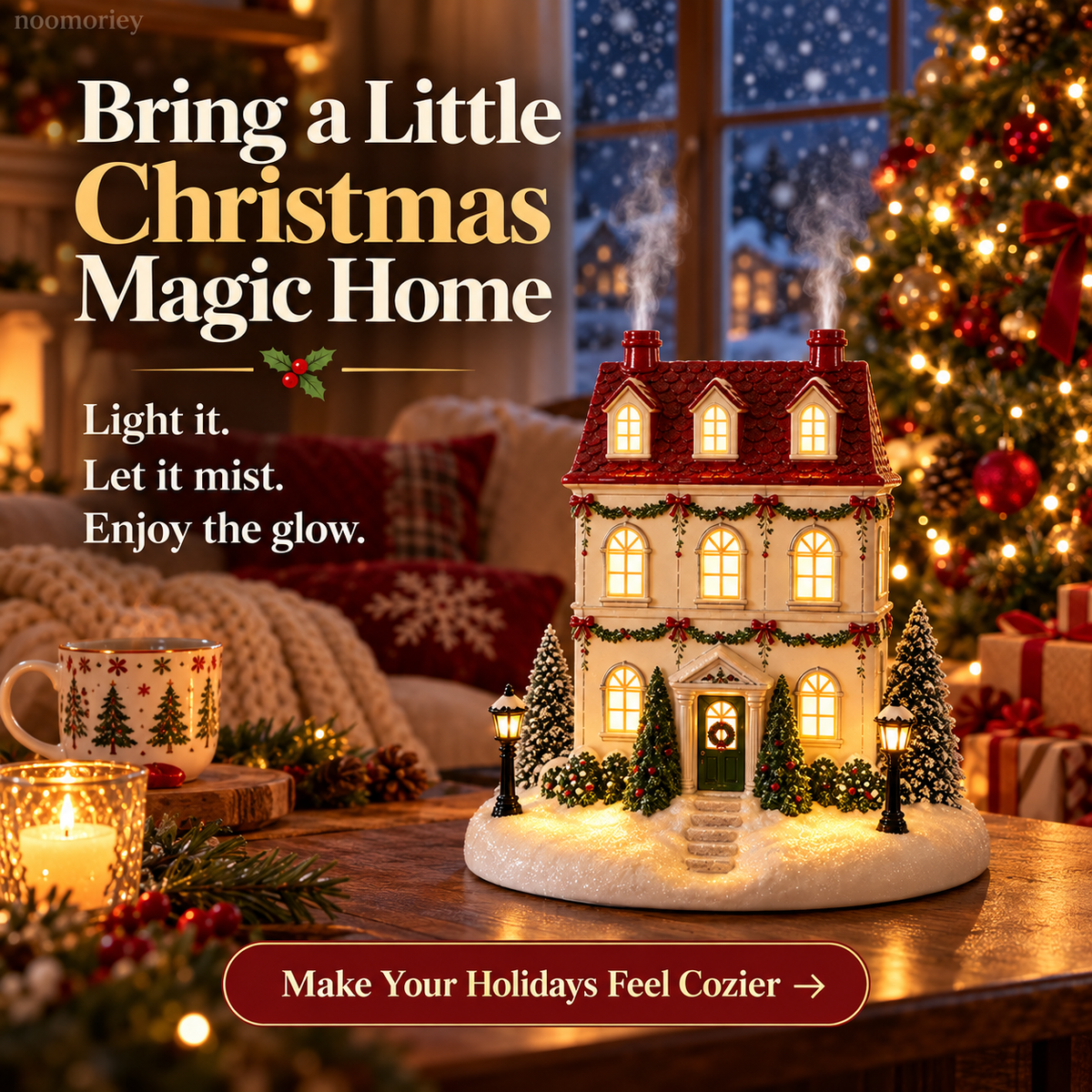 Lighted Christmas House Diffuser Cozy Holiday Cottage with Gentle Mist