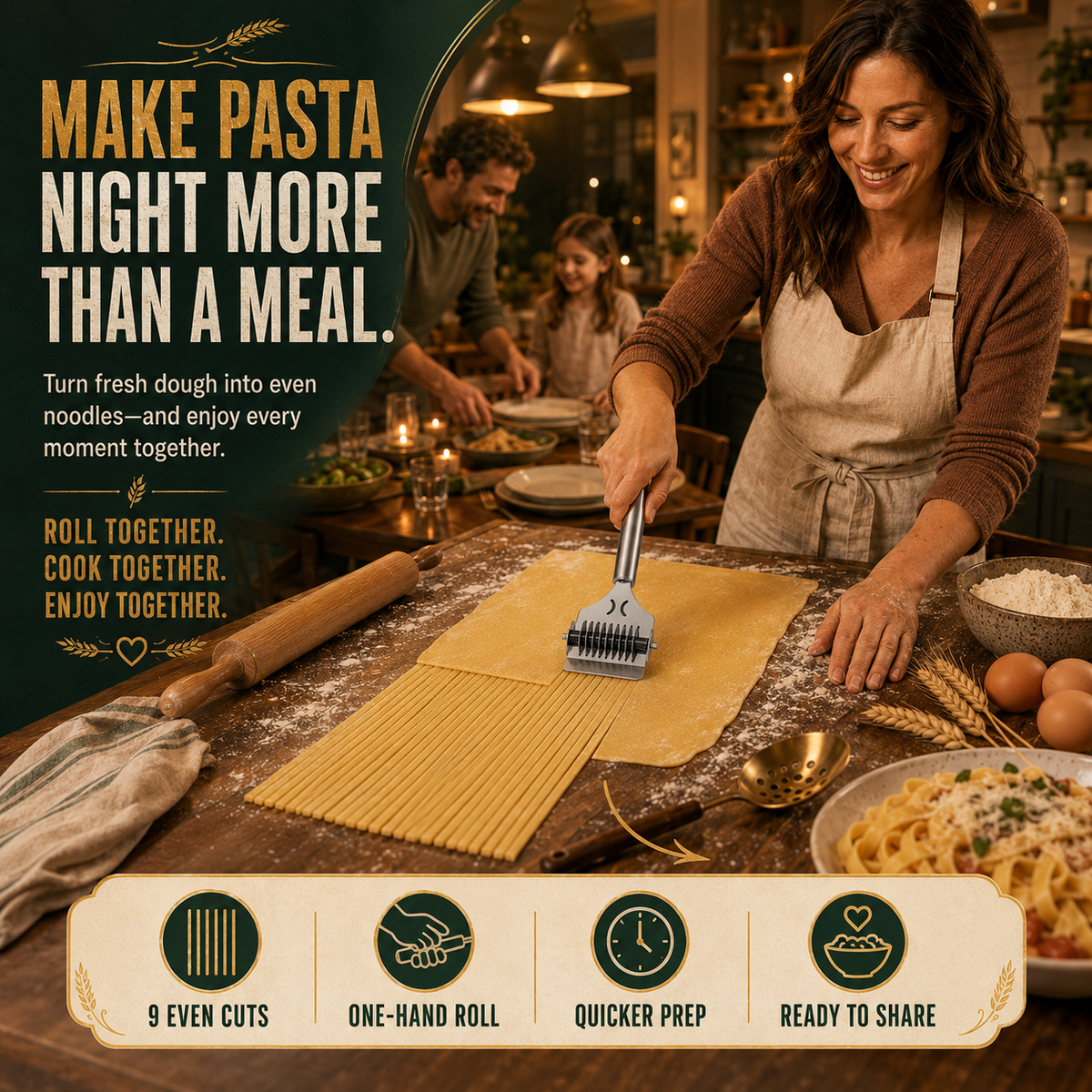 Stainless Steel 9-Wheel Adjustable Pasta Cutter Fast & Even Homemade Noodles