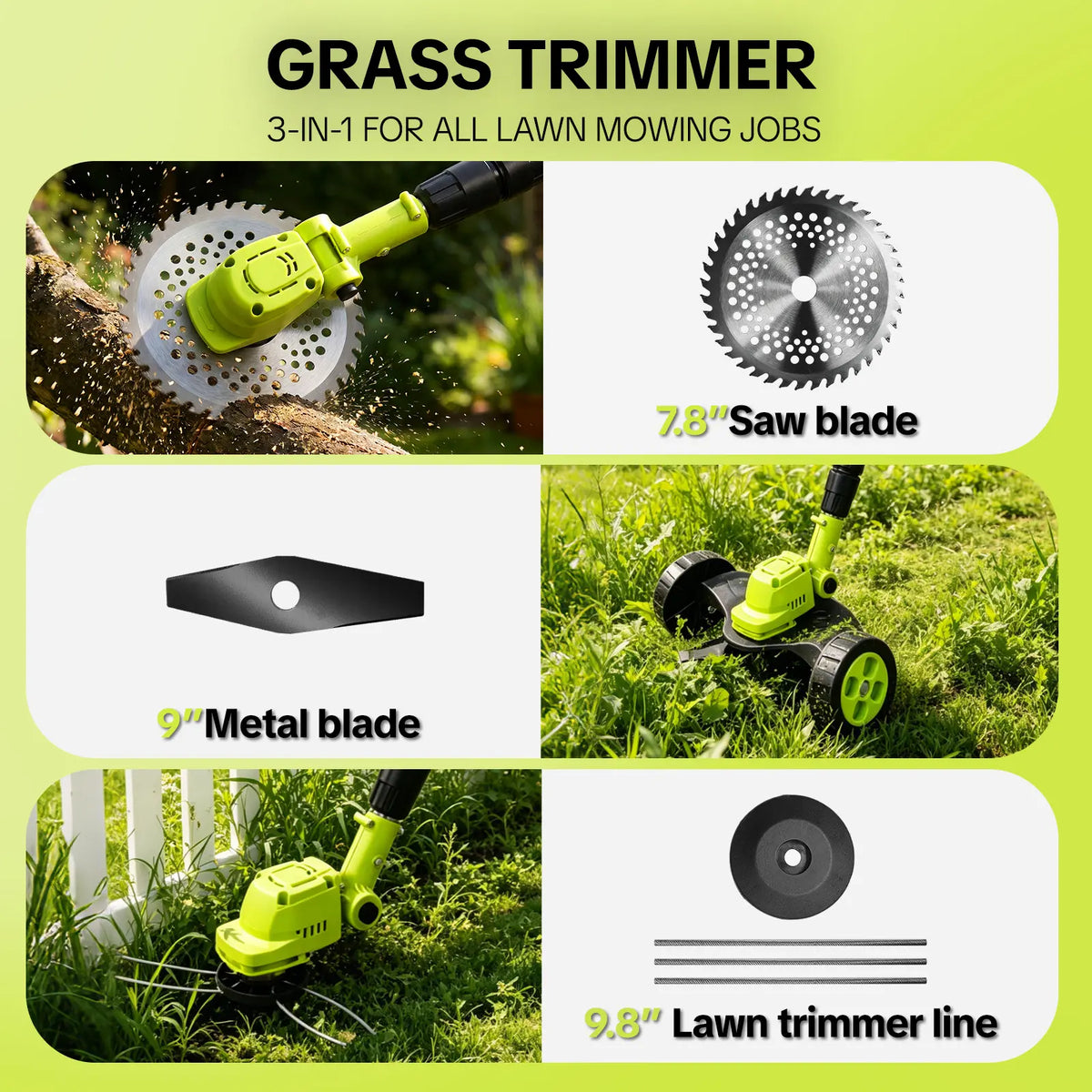 21V 3-in-1 Cordless String Trimmer, Edger & Mini Mower 2 Batteries Included