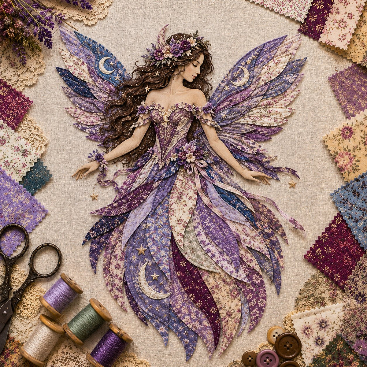 Premium Fairy Patchwork DIY Kit | High-Quality Layered Fabric with Floral Wings DIY Handmade Fantasy Wall Decor