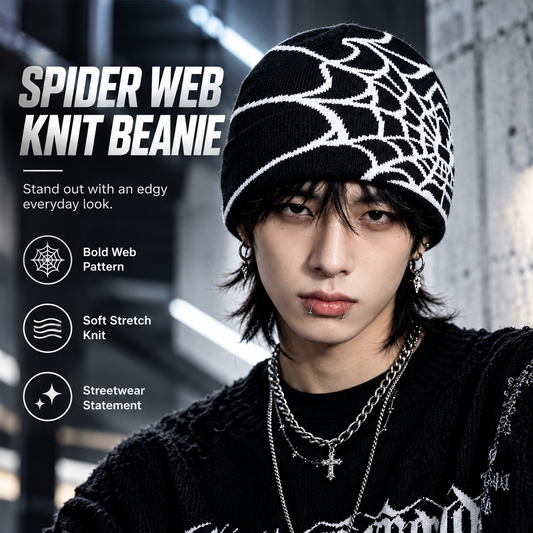 SpiderWeb Gothic Knit Beanie Y2K Streetwear Hat with Bold Spider Web Design