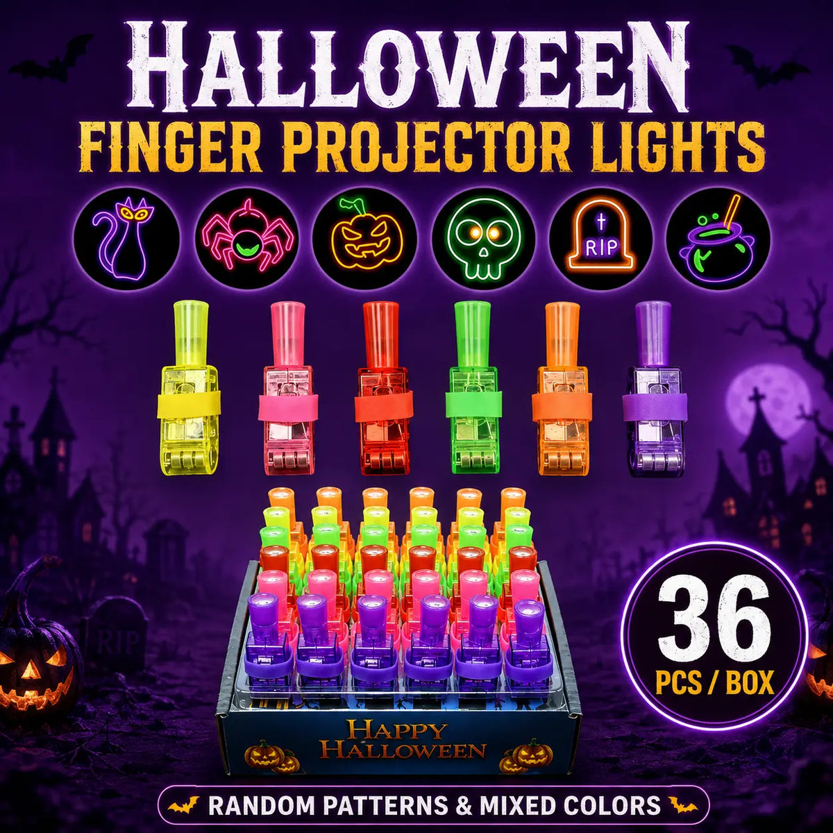 Halloween Finger Projector Rings 36 PCS LED Light-Up Party Favors | Family Fun, Friend Gatherings & Trick-or-Treat