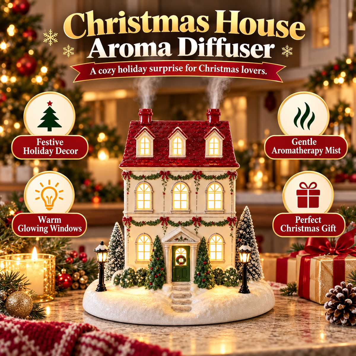 Lighted Christmas House Diffuser Cozy Holiday Cottage with Gentle Mist