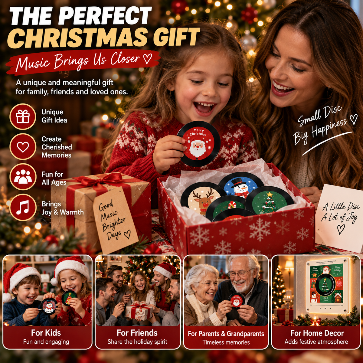 Christmas NFC Music Player Turn Your Fridge Into a Holiday Jukebox. with 9 Vinyl Style Discs and USB C