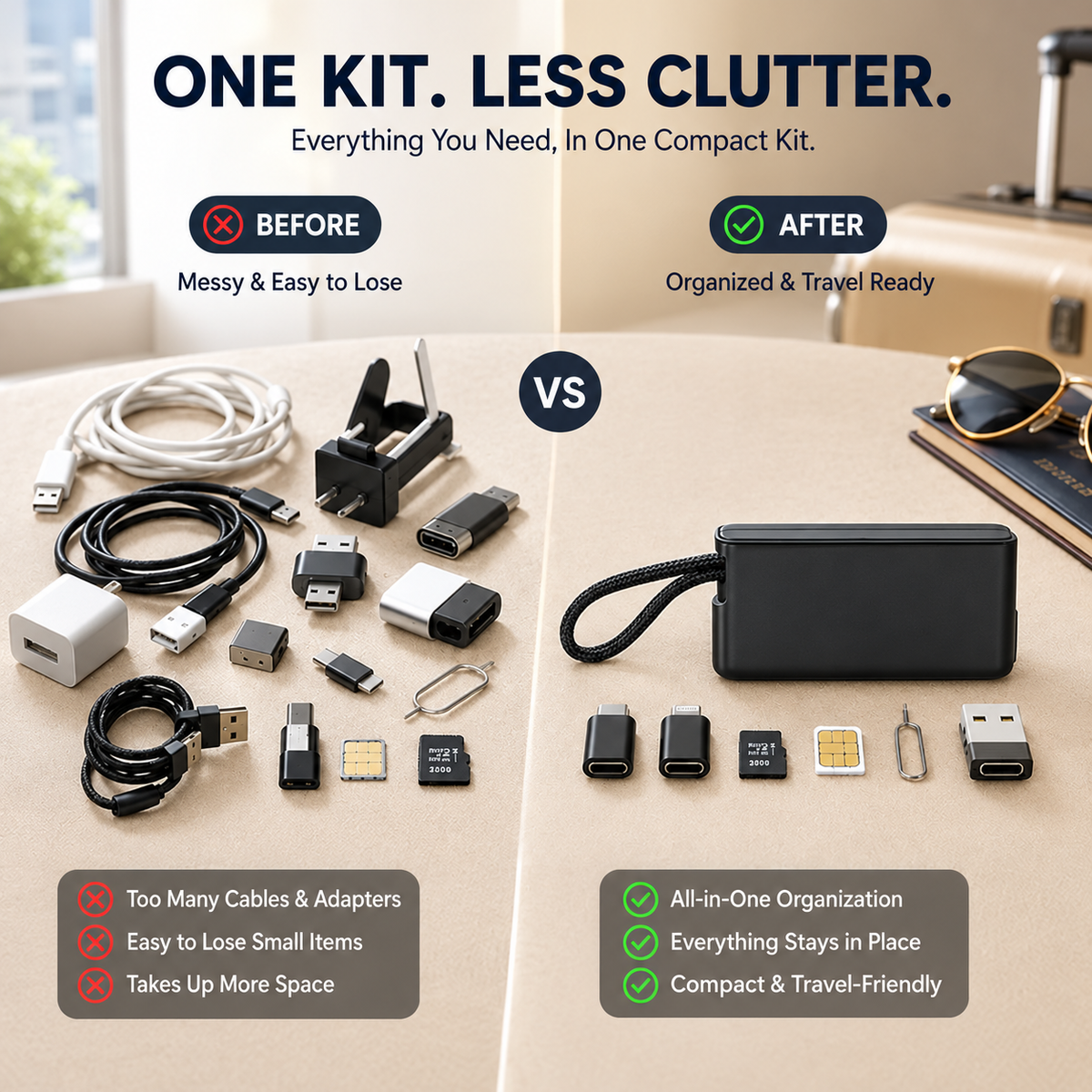 Pocket Travel Cable Kit USB-C Cable, 3 Adapters, SIM/TF Storage & Phone Stand