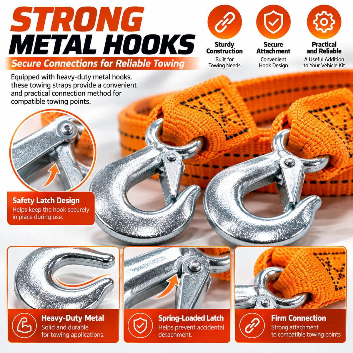 Heavy-Duty Tow Strap with Metal Hooks Thickened High-Strength Vehicle Towing Rope